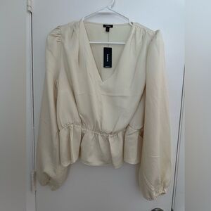 Express Ivory V-Neck Peplum Long Sleeve Blouse